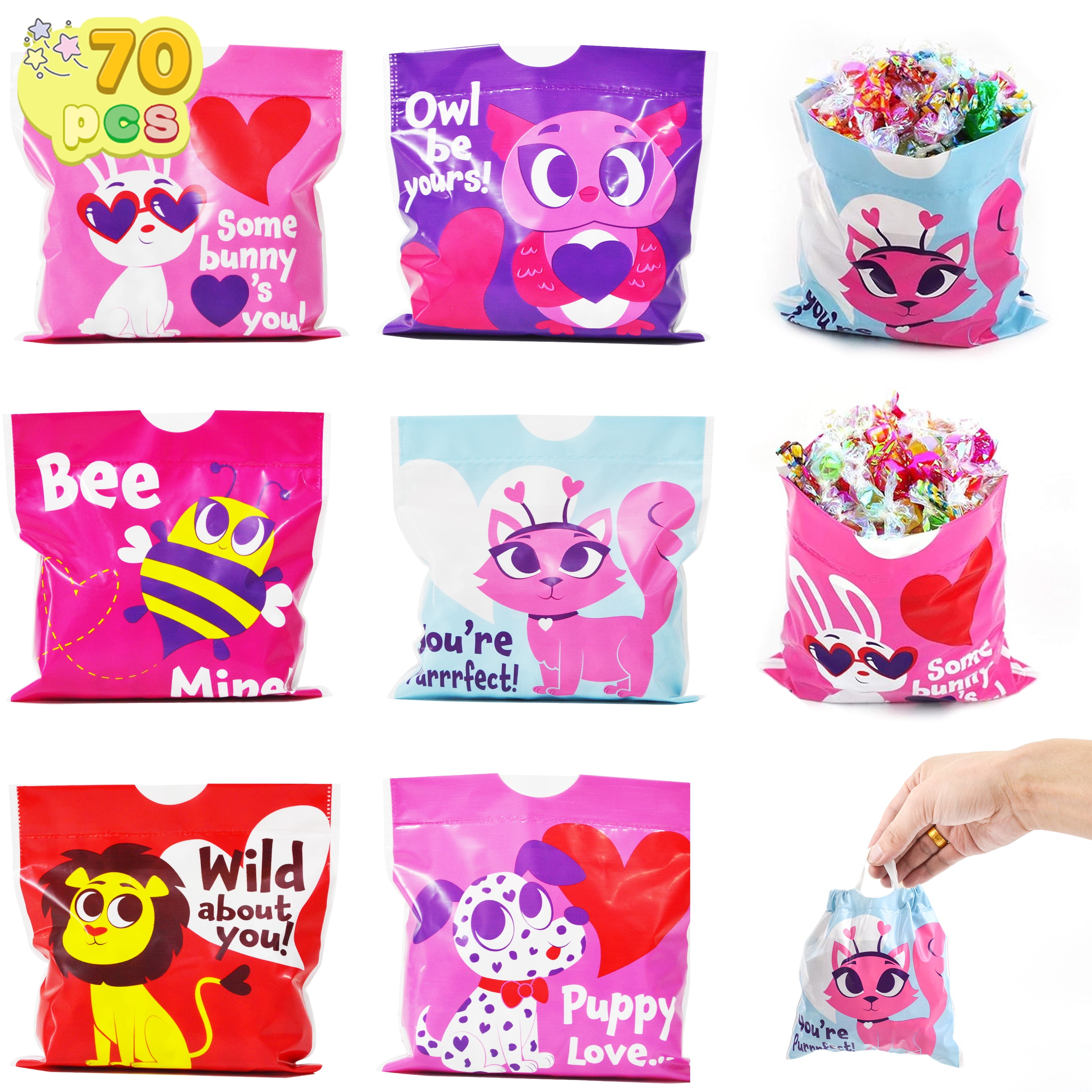 SYNCFUN 70 Pcs Valentines Day Bags with Drawstring for Kids,Valentines