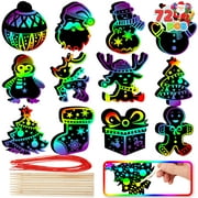 Syncfun 72 Pcs Christmas Scratch Art Ornaments, Rainbow Color Scratch Paper Craft Kit Include Snowman, Christmas Tree,and Reindeer, Scratch Off Hanging Ornament for Kids Christmas Party Favor