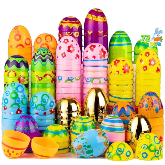 Joyfy 72Pcs 3.15" Printed Easter Egg Include 8 Golden Eggs, Plastic Empty Fillable Easter Eggs for Easter Hunt, Party Favor, Goodie Bags, Decoration, School Classroom Prizes