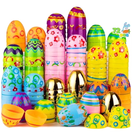 Joyfy 72Pcs 3.15" Printed Easter Egg Include 8 Golden Eggs, Plastic Empty Fillable Easter Eggs for Easter Hunt, Basket Stuffers Fillers, Party Favor, Goodie Bags, Decoration, School Classroom Prizes