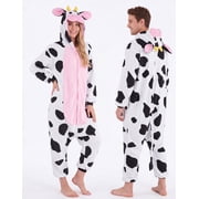 Joyfy Adult Unisex Cow Costume, Plush Hooded Animal Jumpsuit for Halloween Party, Cosplay and Themed Dress Up