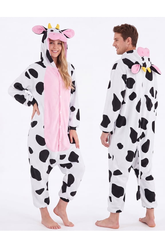 Adult Unisex Cow Costume, Plush Hooded Animal Jumpsuit for Halloween Party, Cosplay and Themed Dress Up