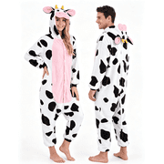 Joyfy Adult Unisex Cow Costume,Plush Hooded Animal Jumpsuit Pajama for Halloween Party Cosplay and Themed Dress Up