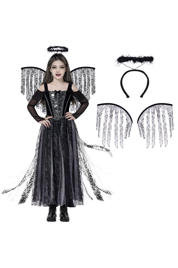 Angel Costume for Kids, Angel Black Dress With Wing Headband Halloween Devil Costume Set for Girls Halloween Party Dress Up 8+