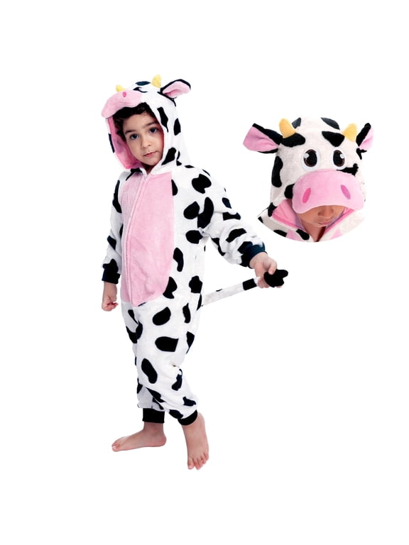 Cow Costume for Baby Toddler Plush Hooded Romper Jumpsuit Pajama for Halloween Dress Up Party 18-24 Months