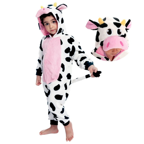Syncfun Baby Animal Costume Cow Pajama jumpsuit Plush Hooded Romper Toddler Animal pajamas for Halloween Party Dress Up Role Play 1-4 Years