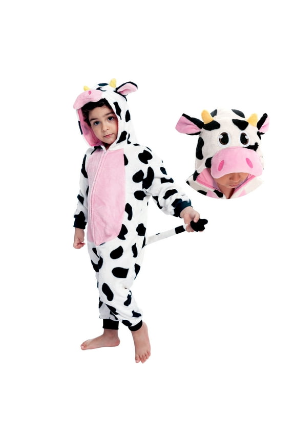 Baby Animal Costume Cow Pajama jumpsuit Plush Hooded Romper Toddler Animal pajamas for Halloween Party Dress Up Role Play 1-4 Years