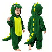 Joyfy Dinosaur Costume for Baby Toddler, Plush Hooded Romper Green DinosaurJumpsuit Pajama for Halloween Dress Up Party Ages 3-4