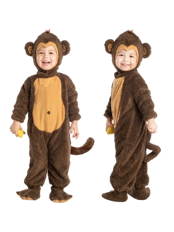 Little Monkey Costume with Toy Banana for Toddler Baby Halloween Costumes for Animal Themed Party Role Play Cosplay 3-4 Yrs