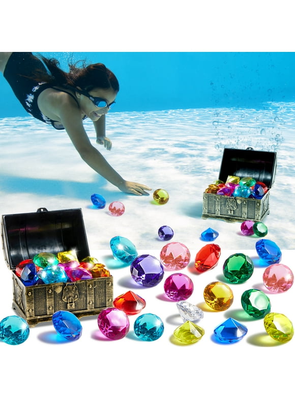 Syncfun Diving Gems Pool Toys, 16 Big Colorful Diamonds with Pirate Treasure Chest, Little Mermaid Swim Dive Diving Toy for Kids Toddlers