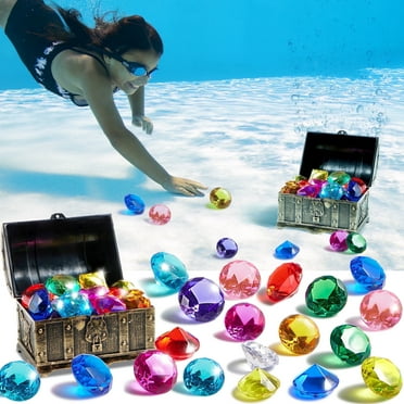 Sloosh Diving Gems Pool Toys,16 Big Colorful Diamonds with Pirate Treasure Chest,Swim Dive Diving Toy