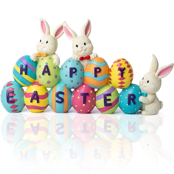 Joyfy Easter Decorations for Home, Bunny & Easter Egg Centerpiece Table Decor with Happy Easter Sign, Tabletop Ornaments Figurines for Home, Office, Party, Holiday (4.5 x 8.5 in)