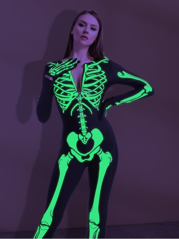 Glow in the Dark Skeleton Costume for Adults Women Halloween Dress Up Party Role Playing Cosplay
