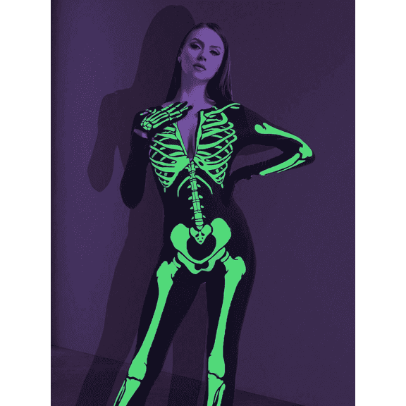 Joyfy Glow in the Dark Skeleton Costume for Adults Women Halloween Dress Up Party Role Playing Cosplay