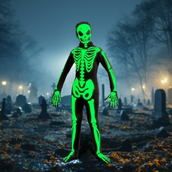 Joyfy Glow in the Dark Skeleton Costume for Kids, Skelebones Costume, Bone Jumpsuit, Kids Halloween Dress Up 3-10 Years