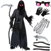 Joyfy Glowing Eyes Grim Reaper Costume for Kids, Dark Knight Reaper Phantom Costume for Halloween Dress Up Role Playing Cosplay 5-12 Years
