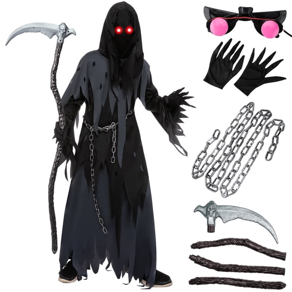 Joyfy Glowing Eyes Grim Reaper Costume for Kids, Dark Knight Reaper Phantom Costume for Halloween Dress Up Role Playing Cosplay 5-12 Years