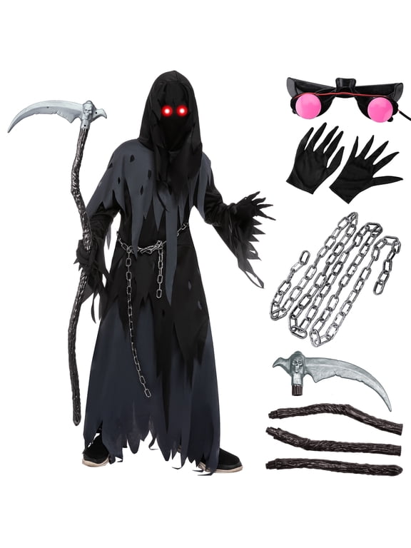 Glowing Eyes Grim Reaper Costume for Kids, Dark Knight Reaper Phantom Costume for Halloween Dress Up Role Playing Cosplay 5-12 Years