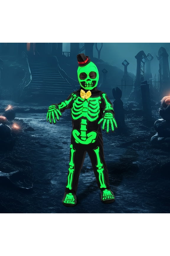 Glows in the Dark Skeleton Costume for Kids, Black Skelebones Jumpsuit, Bone Halloween Costume Dress up for Girls & Boy
