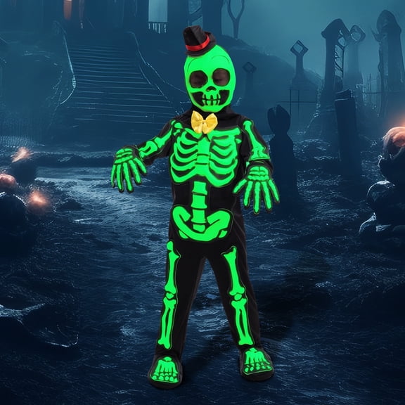 Joyfy Glows in the Dark Skeleton Costume for Kids, Black Skelebones Jumpsuit, Bone Halloween Costume Dress up for Girls & Boy