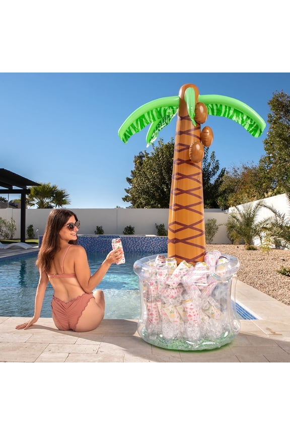 60" Inflatable Palm Tree Ice Chest Cooler,Luau Party Decorations,Summer Outdoor Drink Cooler with Drink Holder