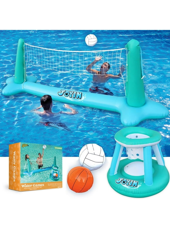 Syncfun Inflatable Pool Float Game Set with Inflatable Volleyball Net & Basketball Hoops, Summer Pool Game for Kids and Adults - Blue