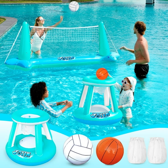 Joyfy Inflatable Pool Float Set Pool Volleyball Net & Basketball Hoops, Summer Pool Toys for Kids and Pool Game Adults, Volleyball Court (105”x28”x35”)|Basketball (27”x23”x27”),L-Blue