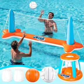 Joyfy 2-in-1 Inflatable Pool Toys Set with Pool Volleyball & Pool Basketball Hoop, Summer Pool Game for Kids and Pool Floats Adults, Volleyball Court (105”x28”x38”)|Basketball (27.6”x23”),L-Orange