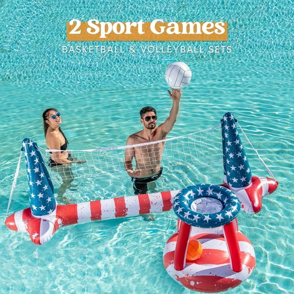 Syncfun Inflatable Pool Floats Set American Flag Volleyball Net & Basketball Hoops, Summer Swimming Pool Game Toy for Adults & Kids