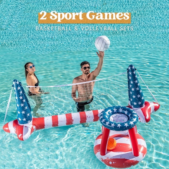 Joyfy Inflatable Pool Floats Set American Flag Volleyball Net & Basketball Hoops, Summer Swimming Pool Game Toy for Adults & Kids