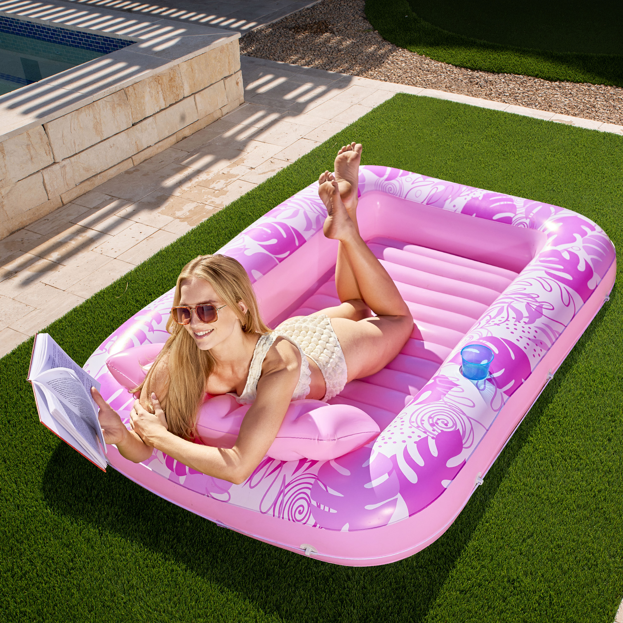 Sunikko X Original Circle Tanning Pool Float - 71" Luxury Inflatable Lounge With Drink Holder & Adjustable Pillow