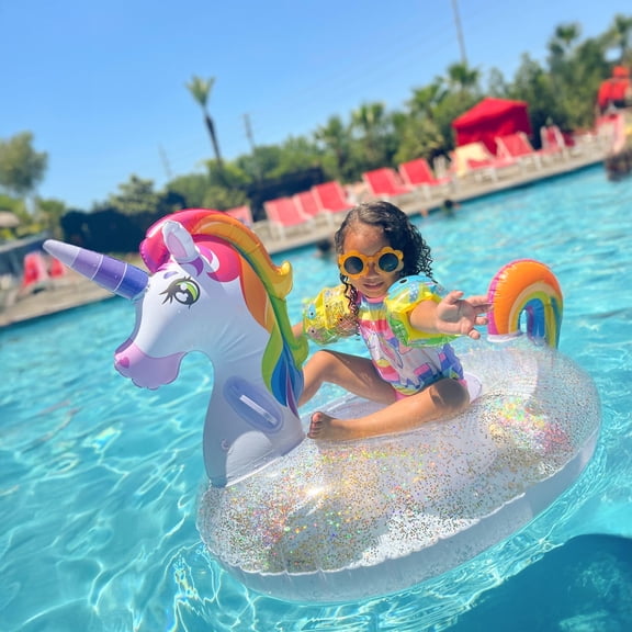 Joyfy Inflatable Unicorn Pool Float Raft with Glitters, Fun Beach Floaties, Ride On Unicorn Raft, Pool Toys, Party in Summer Lounge Raft Decorations for Kids