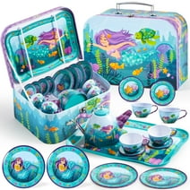 Syncfun Kid Tea Set, 15 Pcs Mermaid Tea Party Set for Girls, Princess Pretend Play Tin Teapot Set Kitchen Toy for Girls Toddlers 2 3 4 5 6 Years Old