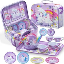 Syncfun Kid Tea Set, 15 Pcs Unicorn Tea Party Set for Girls, Princess Pretend Play Tin Teapot Set Kitchen Toy for Kids Toddlers 2 3 4 5 6 Years Old, Purple
