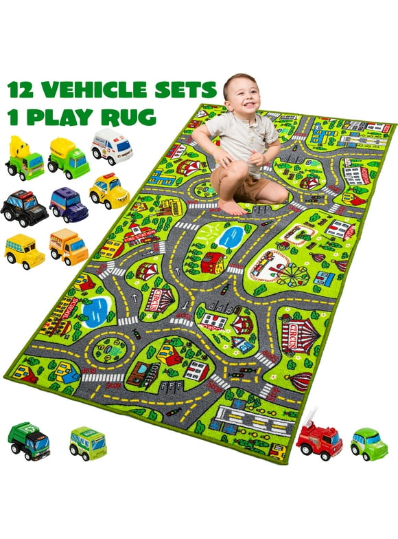 Syncfun Kids Play Rug for Playroom,with 12 Pull-Back Vehicle Set,Durable Toddler Car Track Playmat Rug