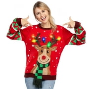 SYNCFUN Light Up Ugly Christmas Sweaters for Women,Funny LED Reindeer Christmas Sweater for Women,Holiday Sweater