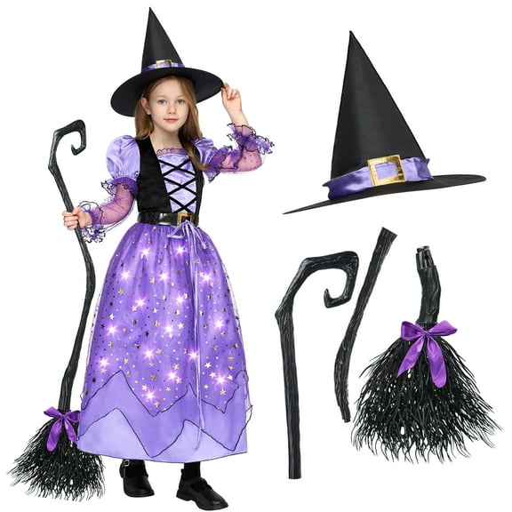 Joyfy Light Up Witch Costume Set for Girls, Starry Witch Dress with Broom Belt Hat for Kids and Toddlers, Perfect for Halloween Party Dress-Up Cosplay (5-12 Years)