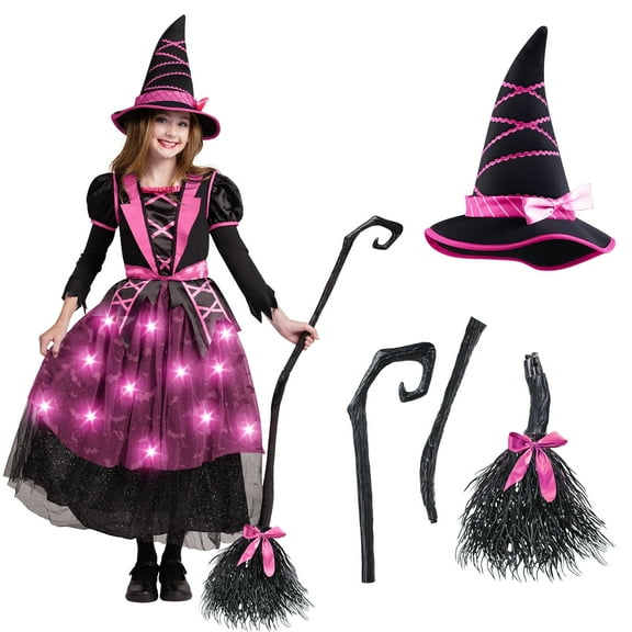 Joyfy Light Up Witch Costume Set for Girls, Starry Witch Dress with Broom Hat for Kids and Toddlers, Perfect for Halloween Party Dress-up Cosplay Age up to 3