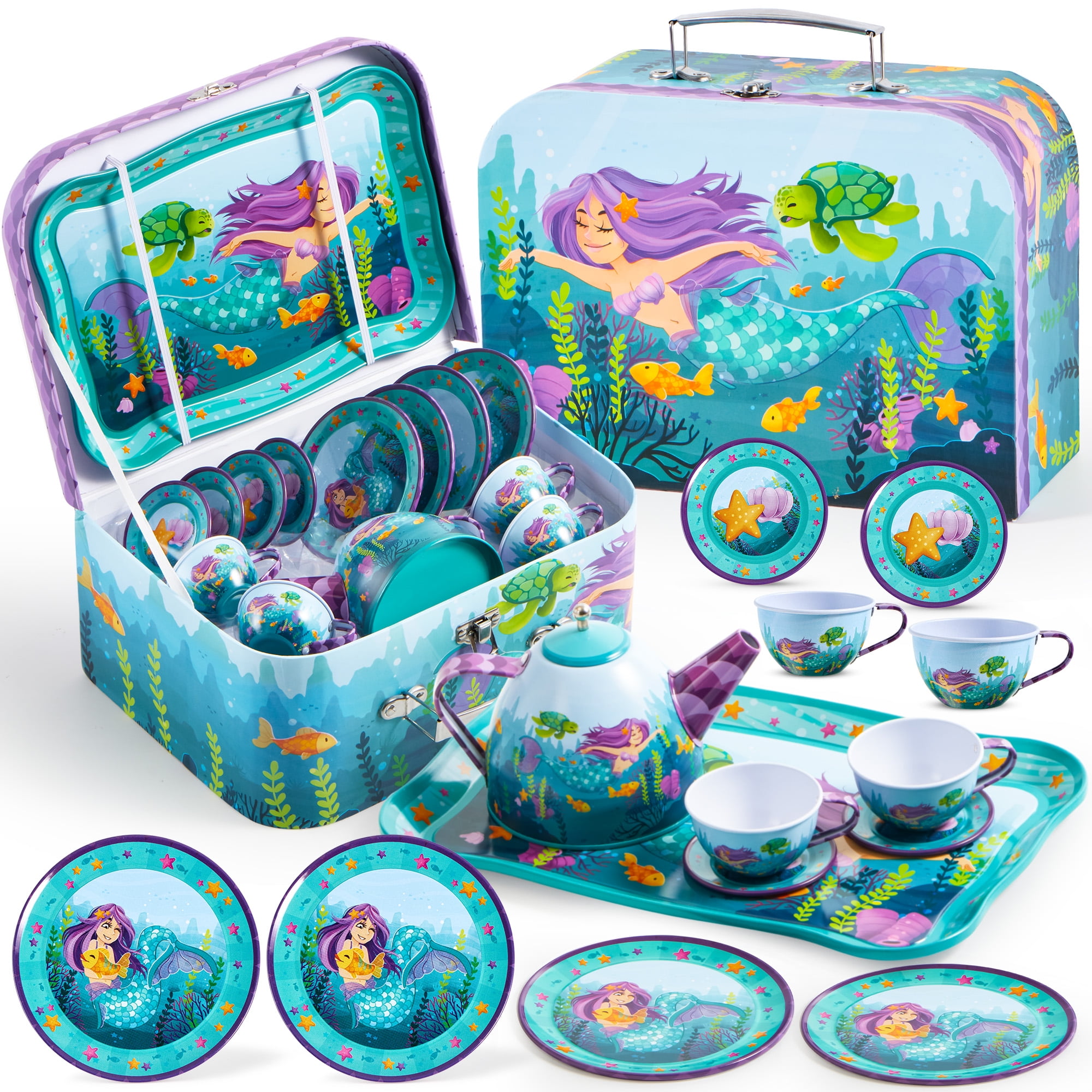 Syncfun Little Mermaid Tea Party Set for Girls, Pretend Play Tin Teapot