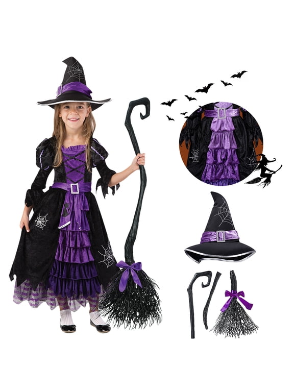Witch Costume Set for Girls, Halloween Fancy-Dress with Broom Hat for Toddler Kids Halloween Party Dress up 3-14 Years