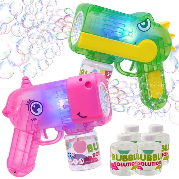 SYNCFUN 2 Pcs Bubble Guns with LED Light, Dinosaur & Unicorn Bubble Gun with 4 Bottle Refill Solution, Bubble Machine Gun for Kid Party Favor, Summer Toy, Outdoor, Birthday Gift