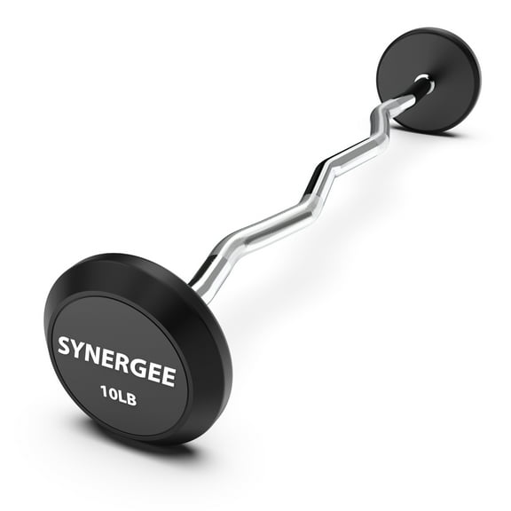 Synergee Fixed 10LB Easy Curl Bar Pre Weighted Curved Steel Bar with Rubber Weights - Fixed Weight