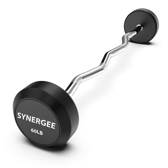 Synergee Fixed 60LB Easy Curl Bar Pre Weighted Curved Steel Bar with Rubber Weights - Fixed Weight