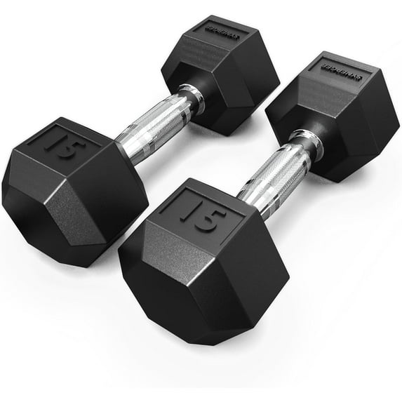 Synergee Rubber Encased Hex Dumbbells with Chrome Handle. All Purpose Weights for Strength & Conditioning Training. Available Size From 2.5 lbs to 50 lbs.