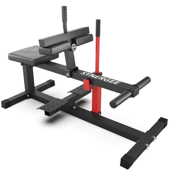 Synergee Seated Calf Raise Machine with 550 LB Max Capacity. Compatible with 1 and 2-opening weight plates.