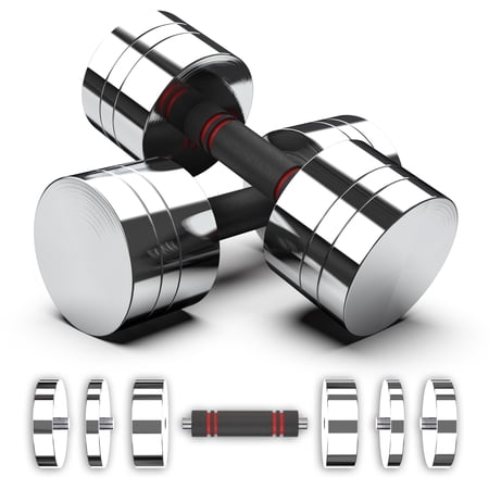 Synergee Ultra Compact Adjustable Dumbbell Set, 10-20lb, Steel with Foam Handles, Chrome Finish