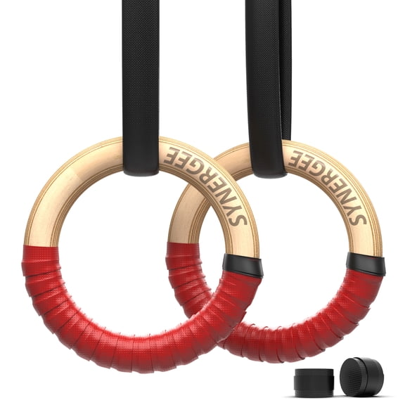 Synergee Wood Olympic Gymnastics Rings 1.25" Grip With Adjustable Straps For Pull Ups, Dips and Muscle Ups