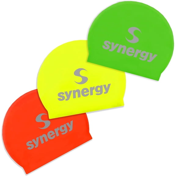 Synergy Latex Swim Caps 3-Pack (Neon Green, Neon Orange, Neon Yellow 3-Pack)