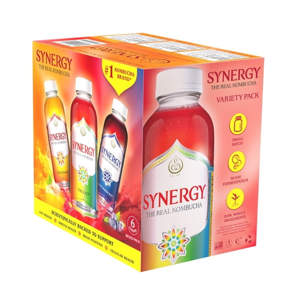 GT's Synergy Mixed Pack Raw Kombucha 6 - 16 fl oz Glass Bottles
