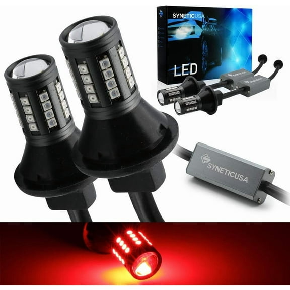 Syneticusa 3157 Error Free Canbus Ready Red LED Brake Parking Tail Stop Turn Signal Light Bulbs DRL Parking Lamp No Hyper Flash All in One With Built-In Resistors
